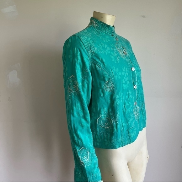MIRASOL Women’s Embroidered Roses Jacket Mandarin Collar Shell Buttons Green S - Picture 3 of 14